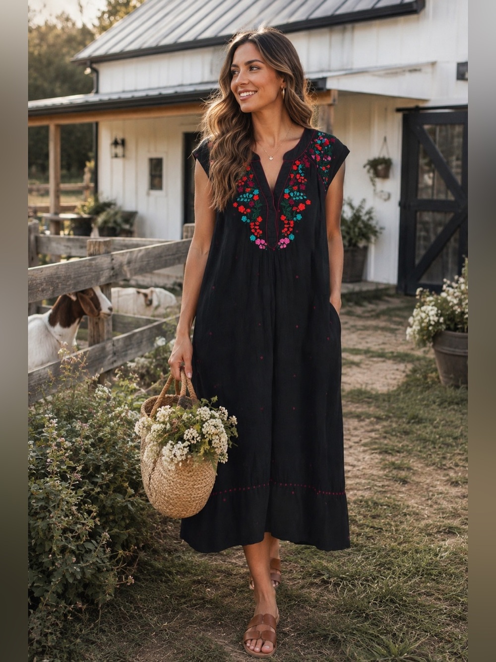 Boden Black Maxi Dress with Red, Green & Pink Floral Embroidery